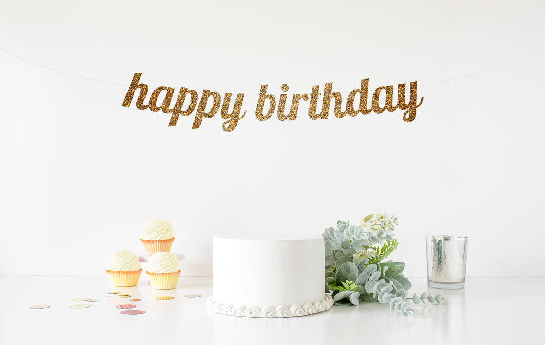 Happy Birthday Banner - Party Decoration, Event Decor, Special Occasion, Birth Day, Cursive Font, Glitter Letters, Modern Minimalist